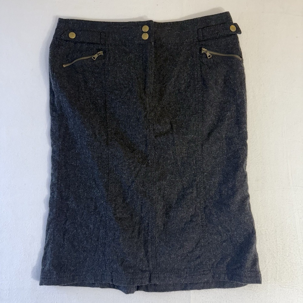 Express Women's Skirt Gray Wool Blend Size 6 Pencil Gold Button Zip Detail - Picture 2 of 10